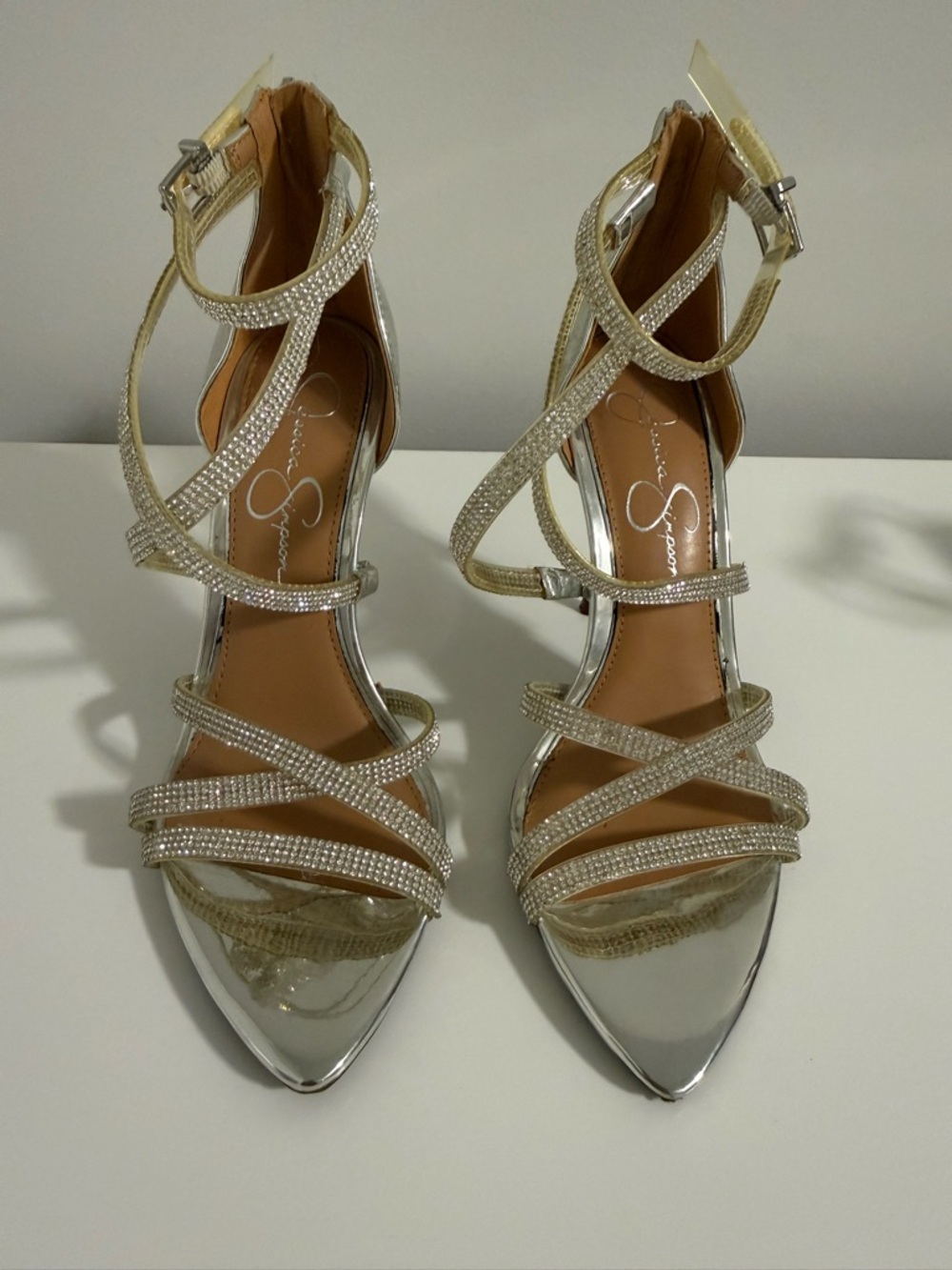 Jessica Simpson Silver Rhinestone Strappy Pointed-Toe Heels